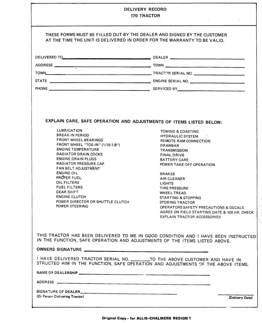 Allis Chalmers 170 Tractor Operator's Manual preview page 2