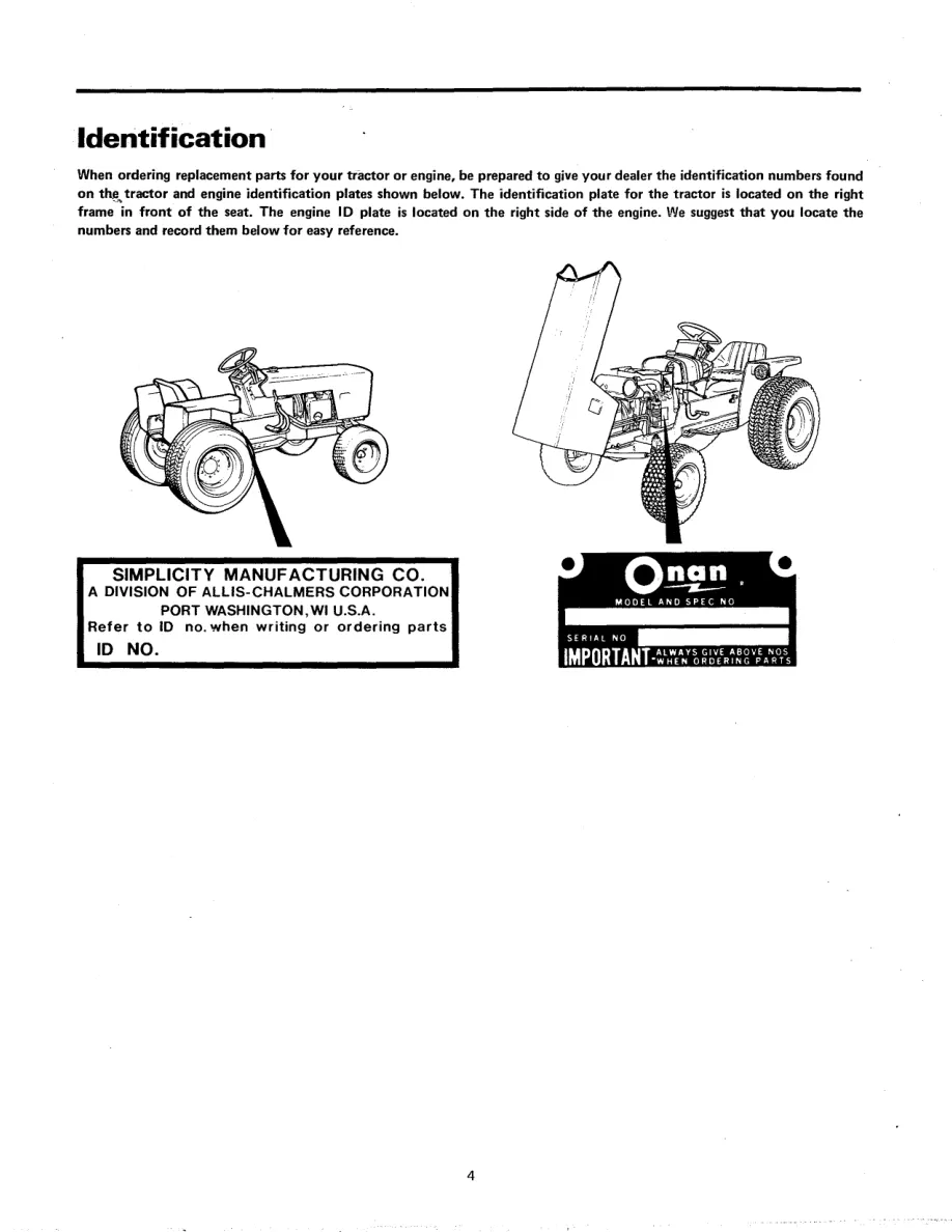 Allis Chalmers -Chalmers 720 & Simplicity 9020 Tractor Operator's Manual preview page 5