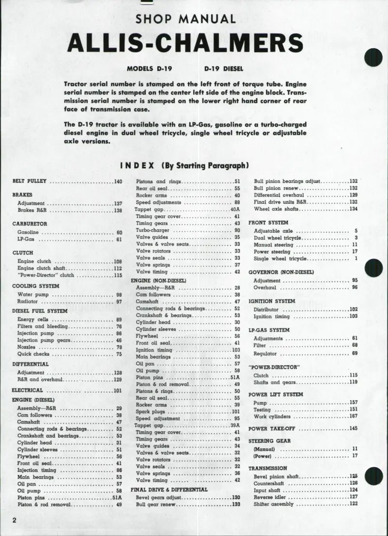 Allis Chalmers D19 & D-19 Diesel Tractor Service & Repair Manual preview page 1