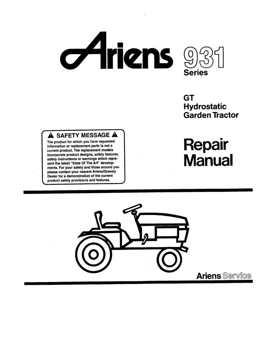 Ariens 931 Series GT Hydrostatic Garden Tractor Service & Repair Manual preview page 1
