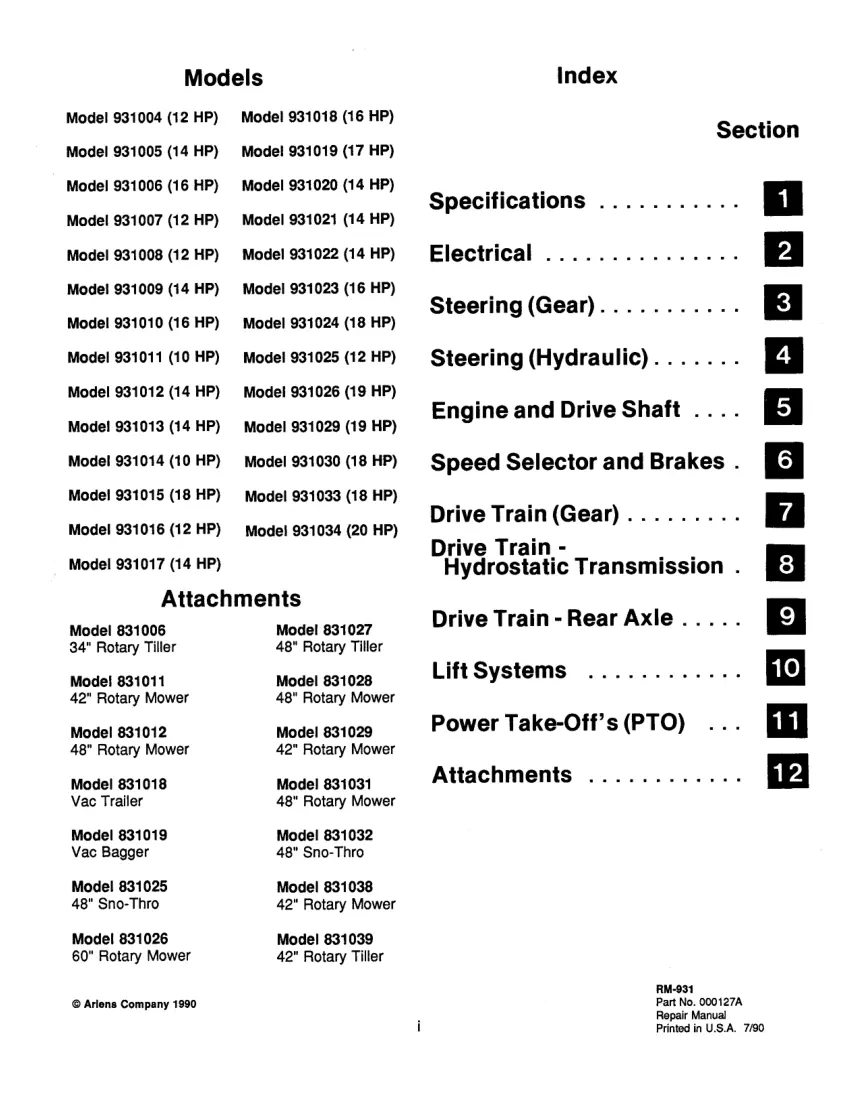 Ariens 931 Series GT Hydrostatic Garden Tractor Service & Repair Manual preview page 3