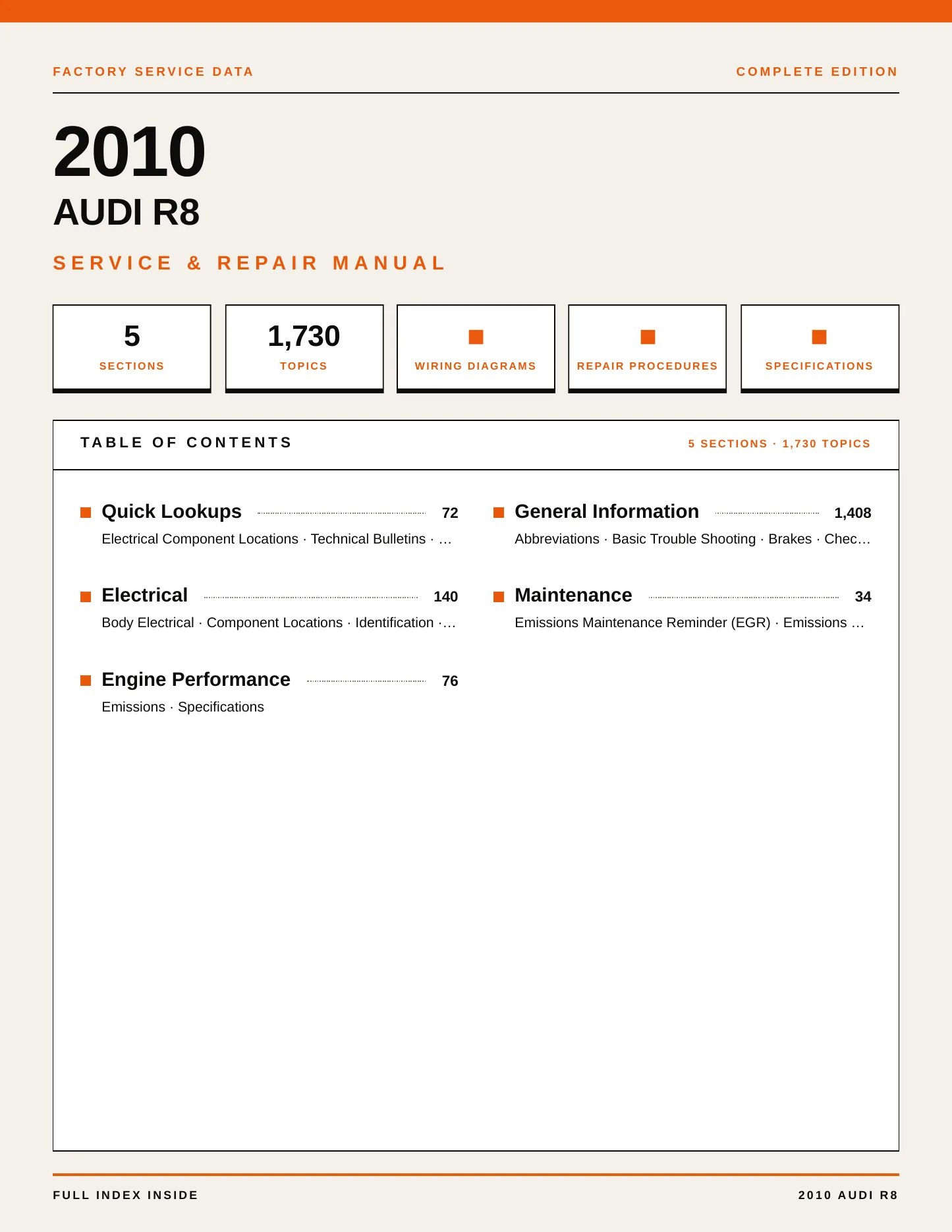 2010 Audi R8 Service and Repair Manual preview page 1