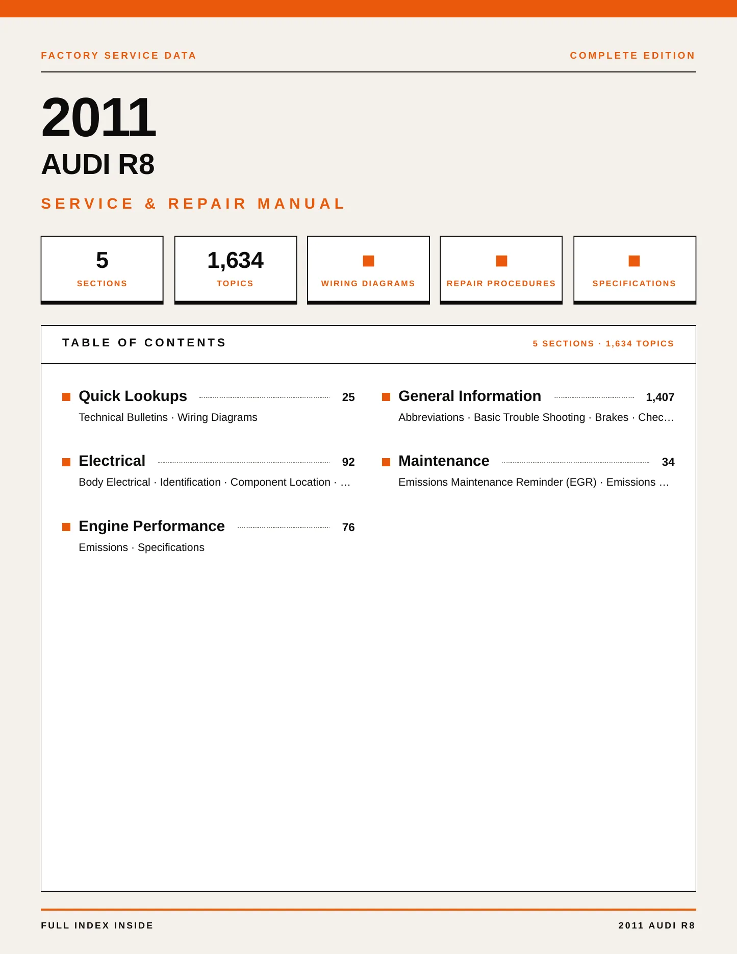 2011 Audi R8 Service and Repair Manual preview page 1