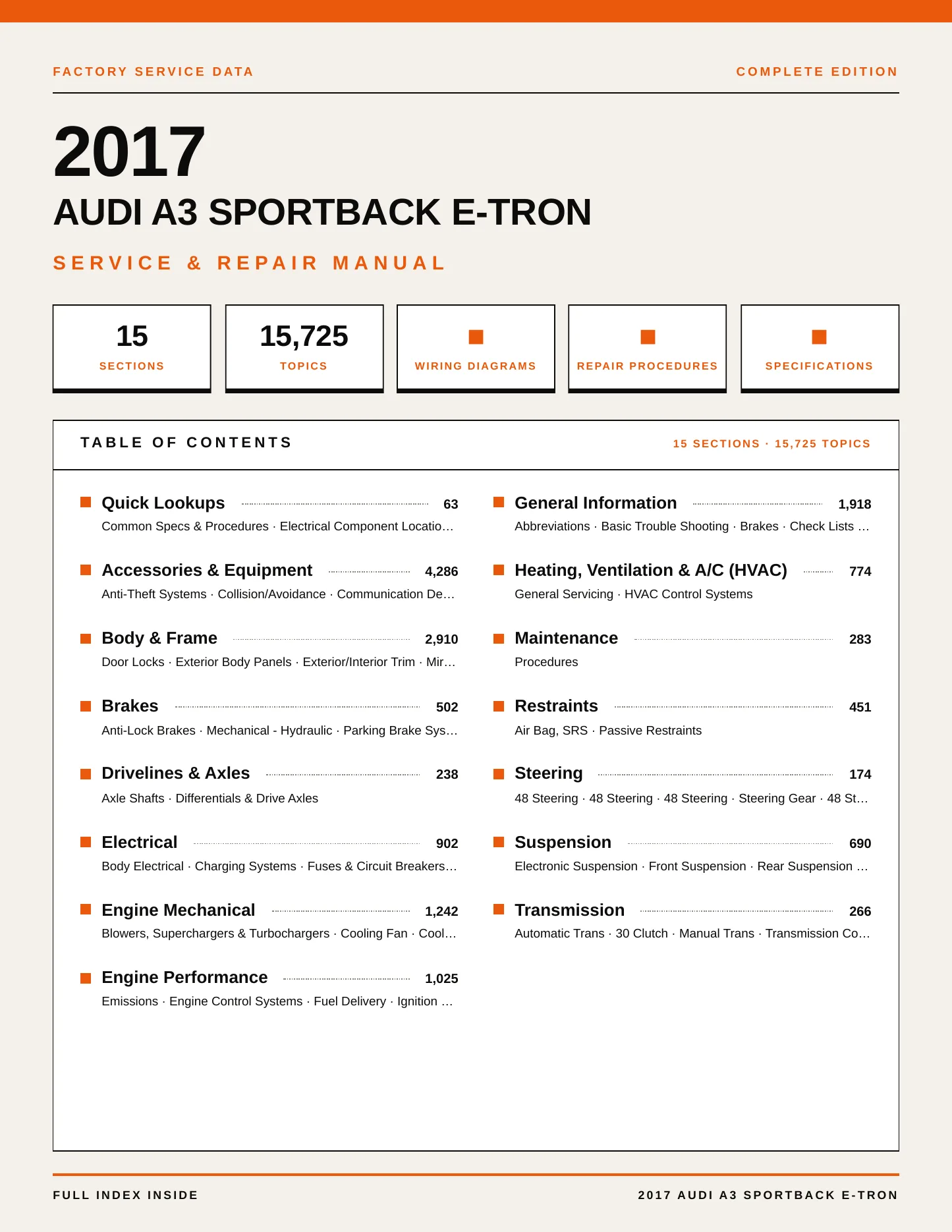 2017 Audi A3 Sportback e-tron Service and Repair Manual preview page 1
