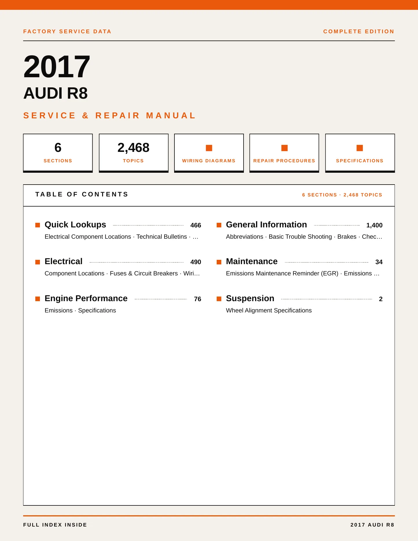 2017 Audi R8 Service and Repair Manual preview page 1