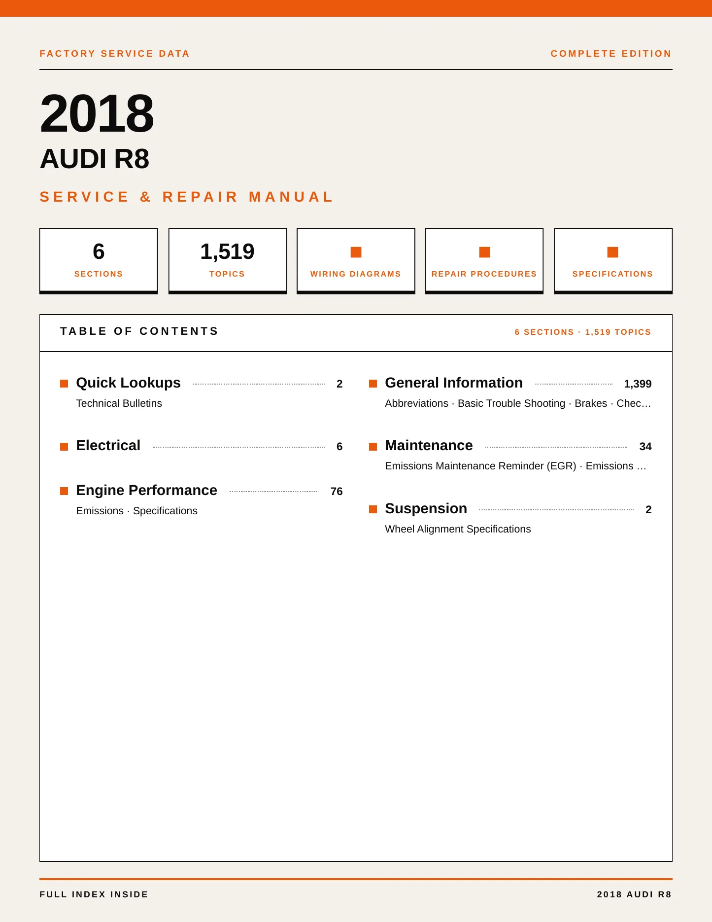 2018 Audi R8 Service and Repair Manual preview page 1