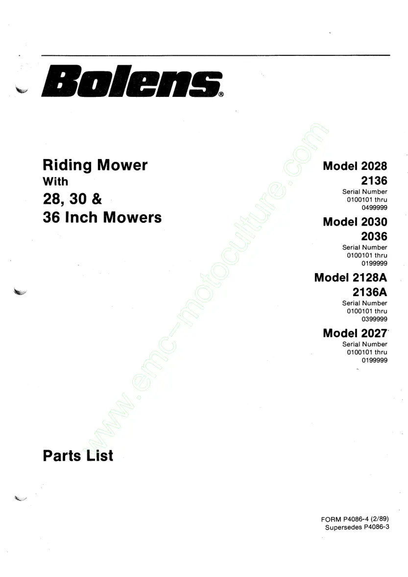 Bolens Rear Engine Riding Mower Master Parts Manual preview page 1