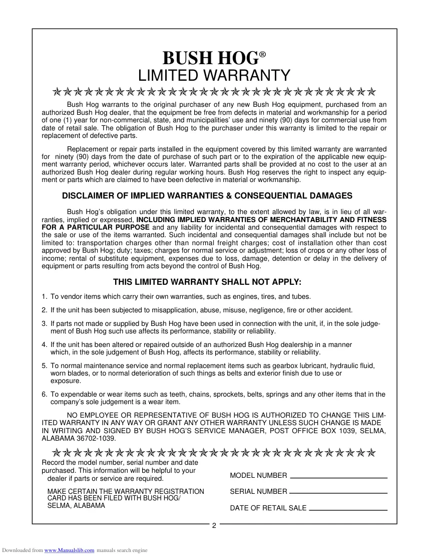 Bush Hog HM2007 HM2008 Operation Machine Operator's Manual preview page 4