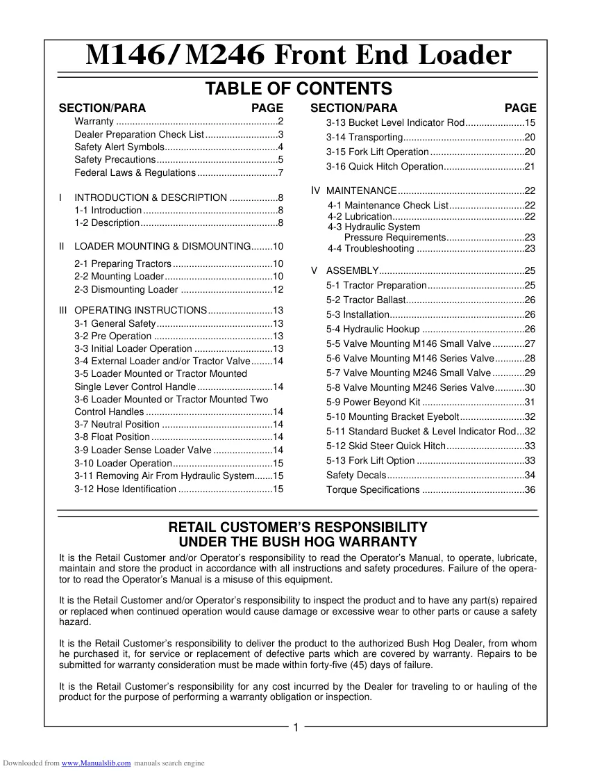 Bush Hog M146 M246 Loader Operation Operator's Manual preview page 3