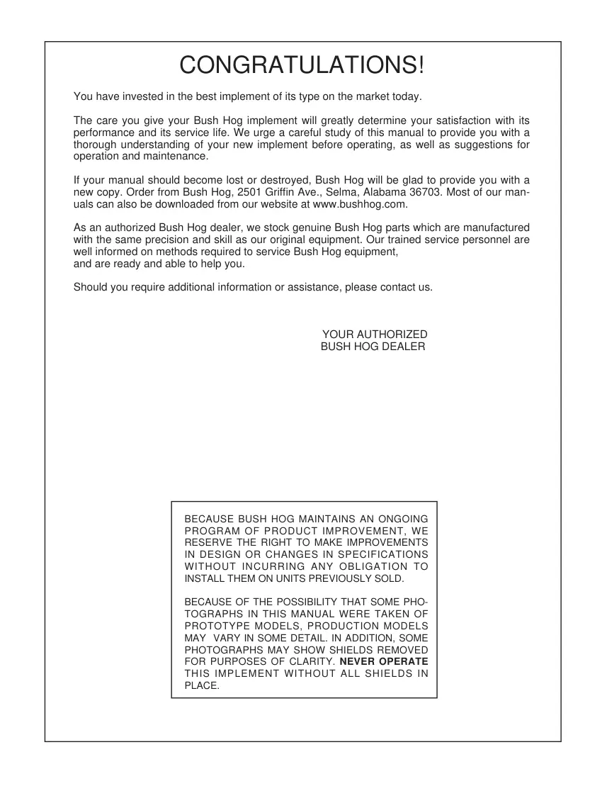 Bush Hog Rdth 60 72 Operation Machine Operator's Manual preview page 2