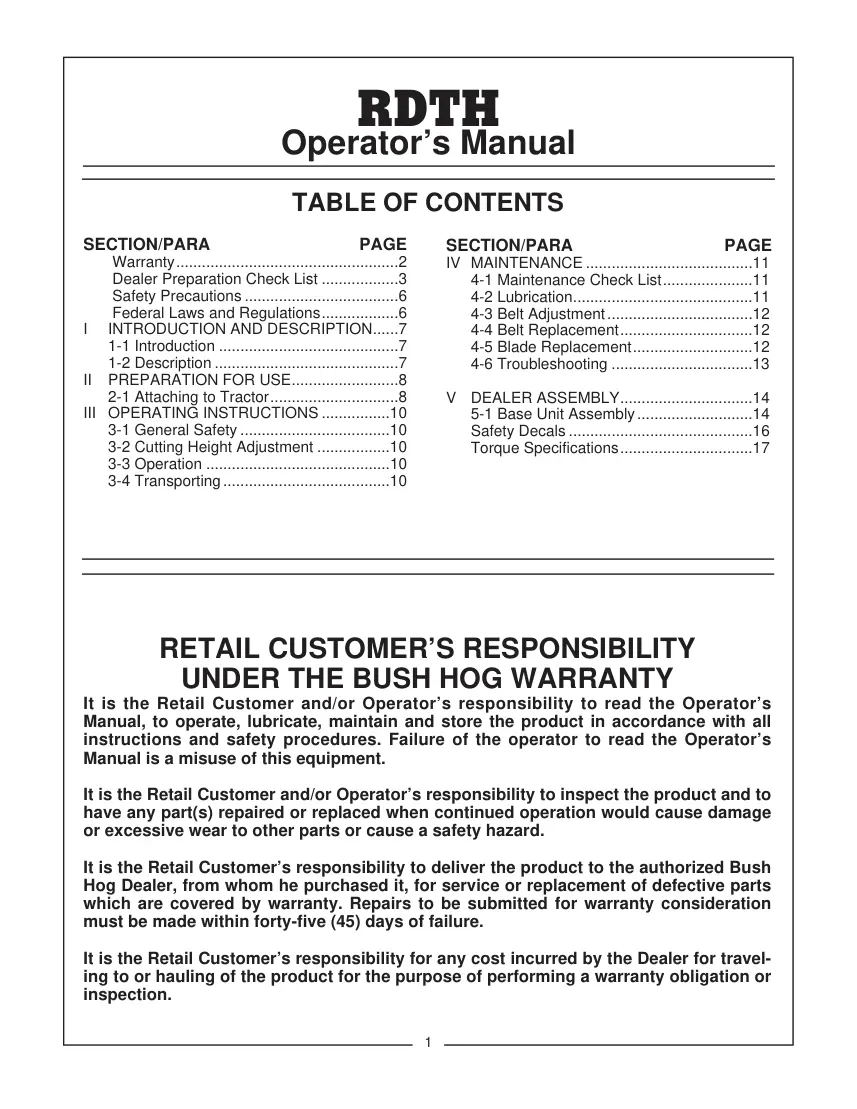 Bush Hog Rdth 60 72 Operation Machine Operator's Manual preview page 3