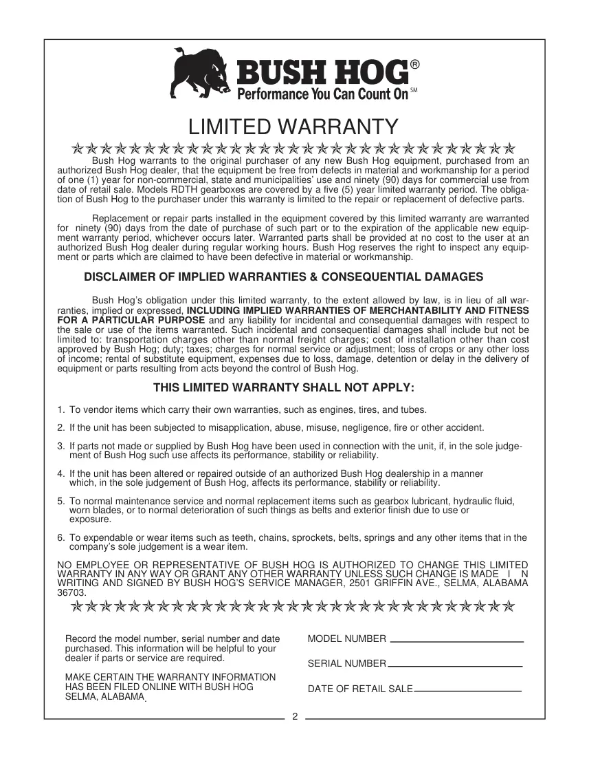 Bush Hog Rdth 60 72 Operation Machine Operator's Manual preview page 4