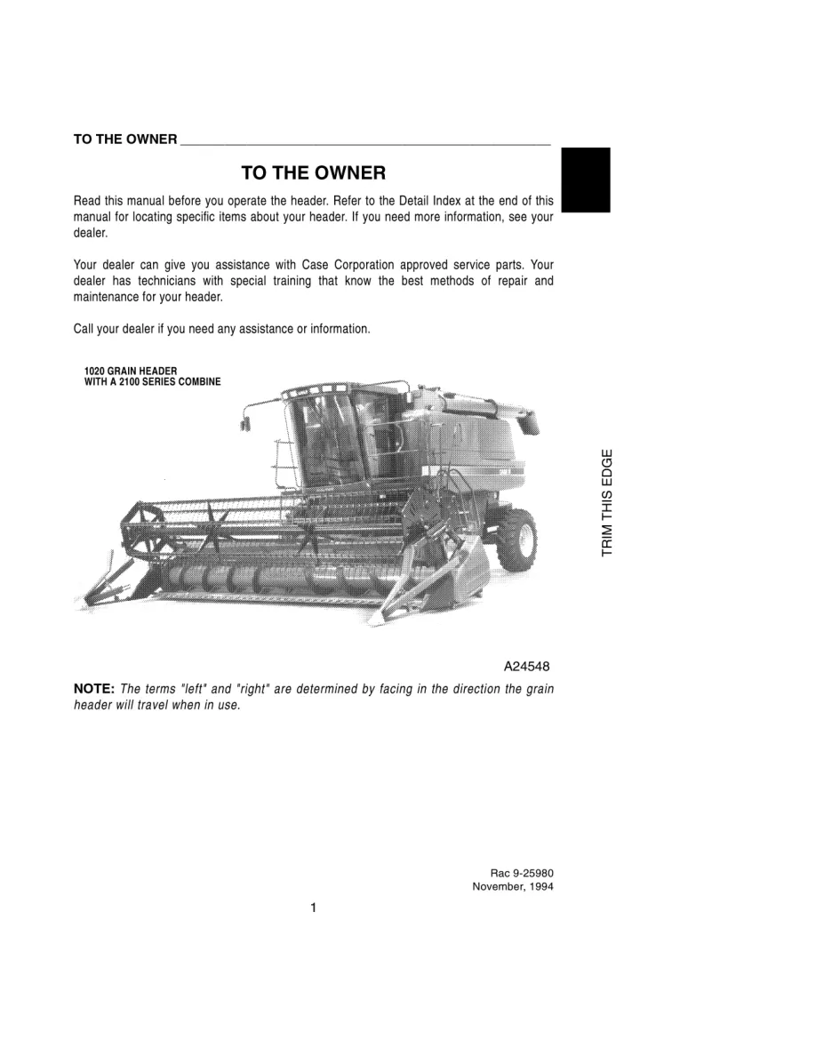 Case IH 1020 Combine Operator's Manual preview page 3