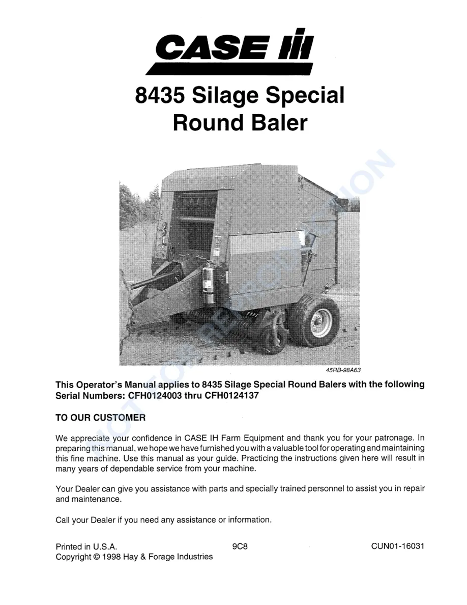 Case IH 8435 Silage Special Round Baler Operator's Manual preview page 3