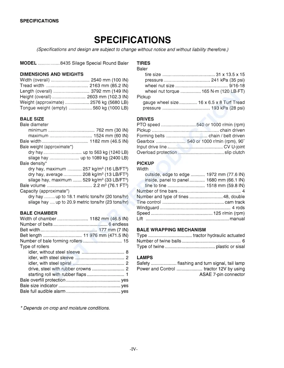 Case IH 8435 Silage Special Round Baler Operator's Manual preview page 6