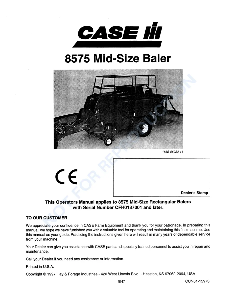 Case IH 8575 MID-SIZE Rectangular Baler Operator's Manual preview page 3