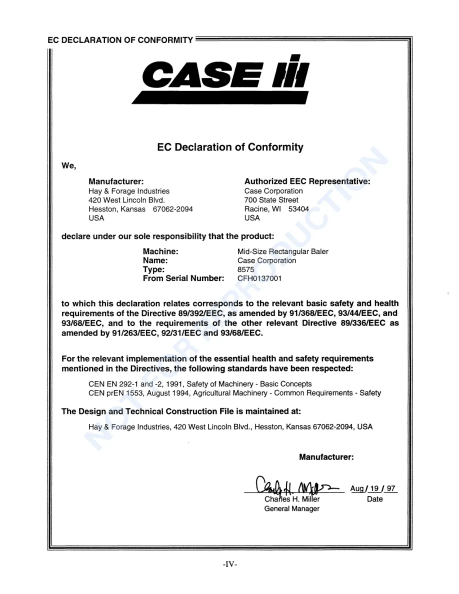 Case IH 8575 MID-SIZE Rectangular Baler Operator's Manual preview page 6