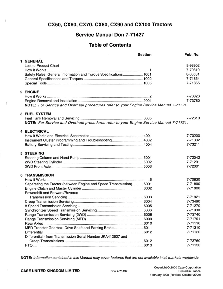 Case IH CX50/CX60/CX70/CX80/CX90/CX100 Tractors Service & Repair Manual preview page 1