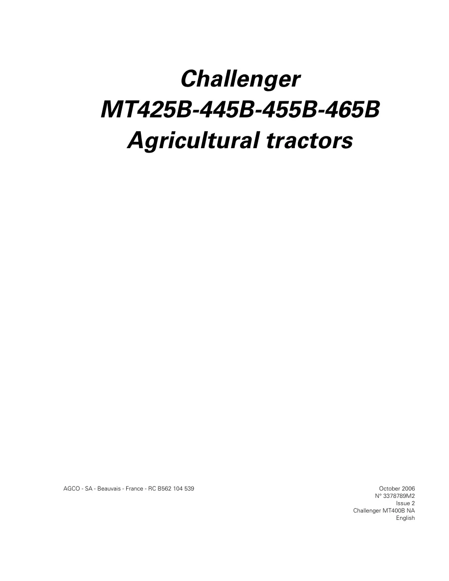 Challenger MT425B-445B-455B-465B Tractor Operator's Manual preview page 1