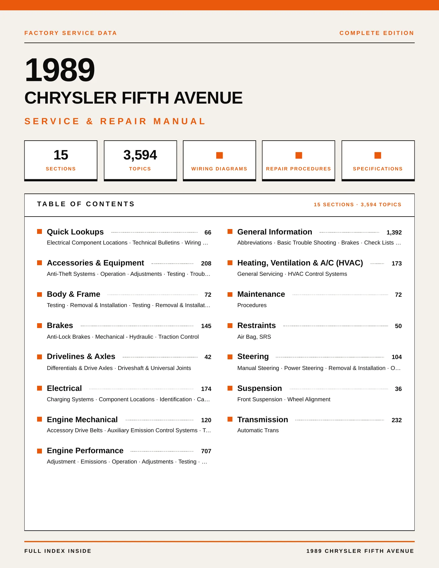 1989 Chrysler Fifth Avenue Service and Repair Manual preview page 1