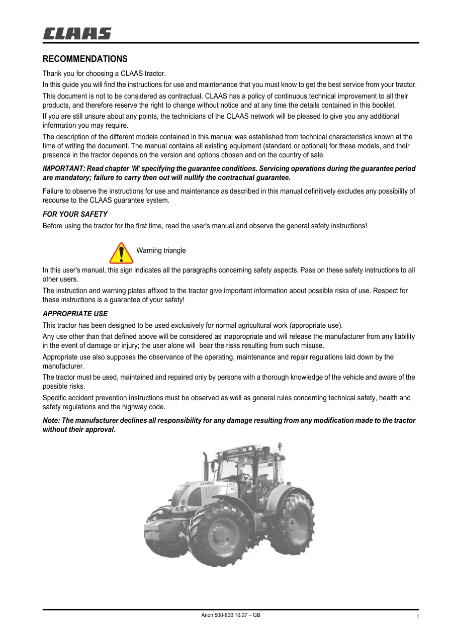 Claas Arion 510 520 530 540 610 620 630 640 Tractor Operation Service & Repair Manual preview page 3