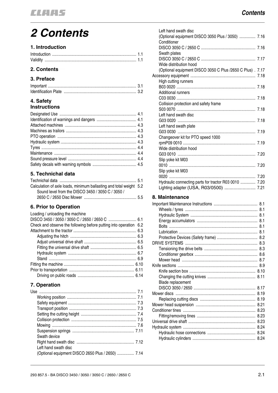 Claas Disco 3450 3050 2650 C Plus Disc Mower Operation Service & Repair Manual preview page 5