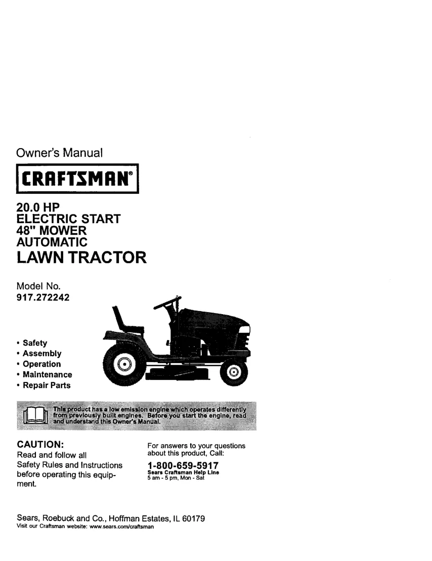 Craftsman 20HP DLT2000 Riding Mower Operator's Manual preview page 1