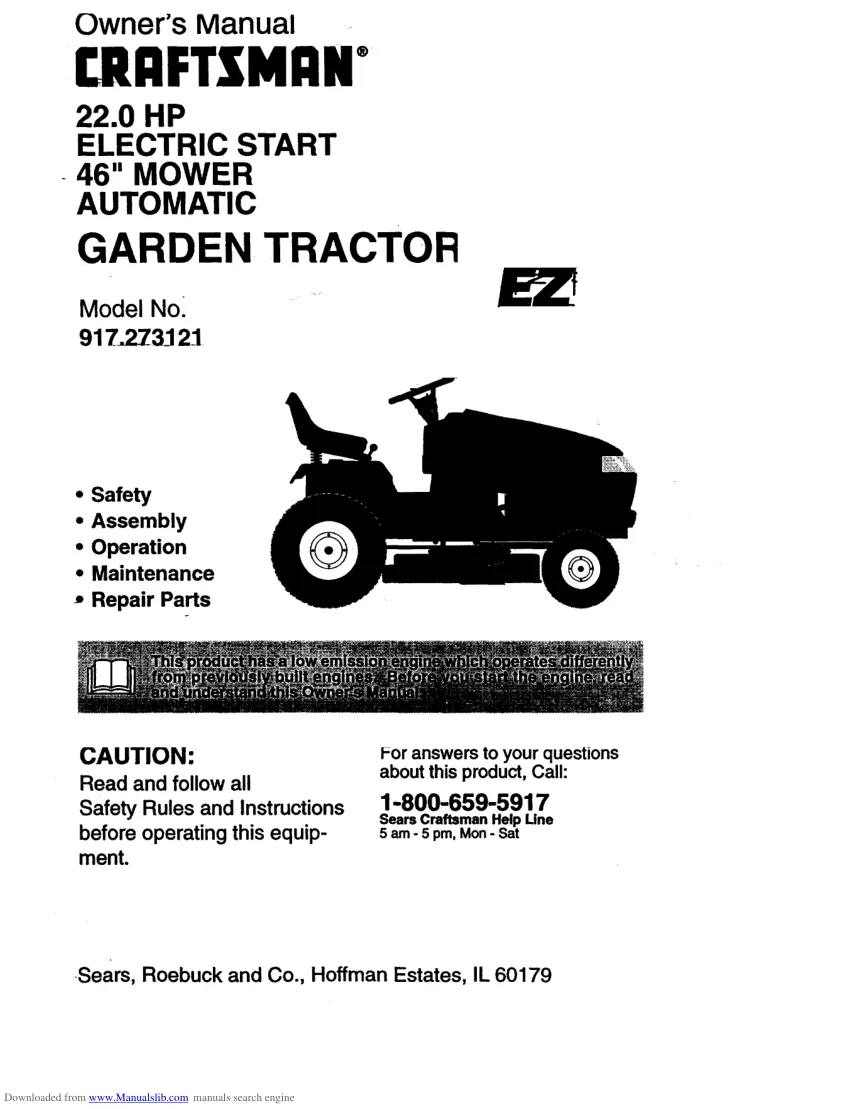 Craftsman 22HP Garden Tractor Operator's Manual preview page 1