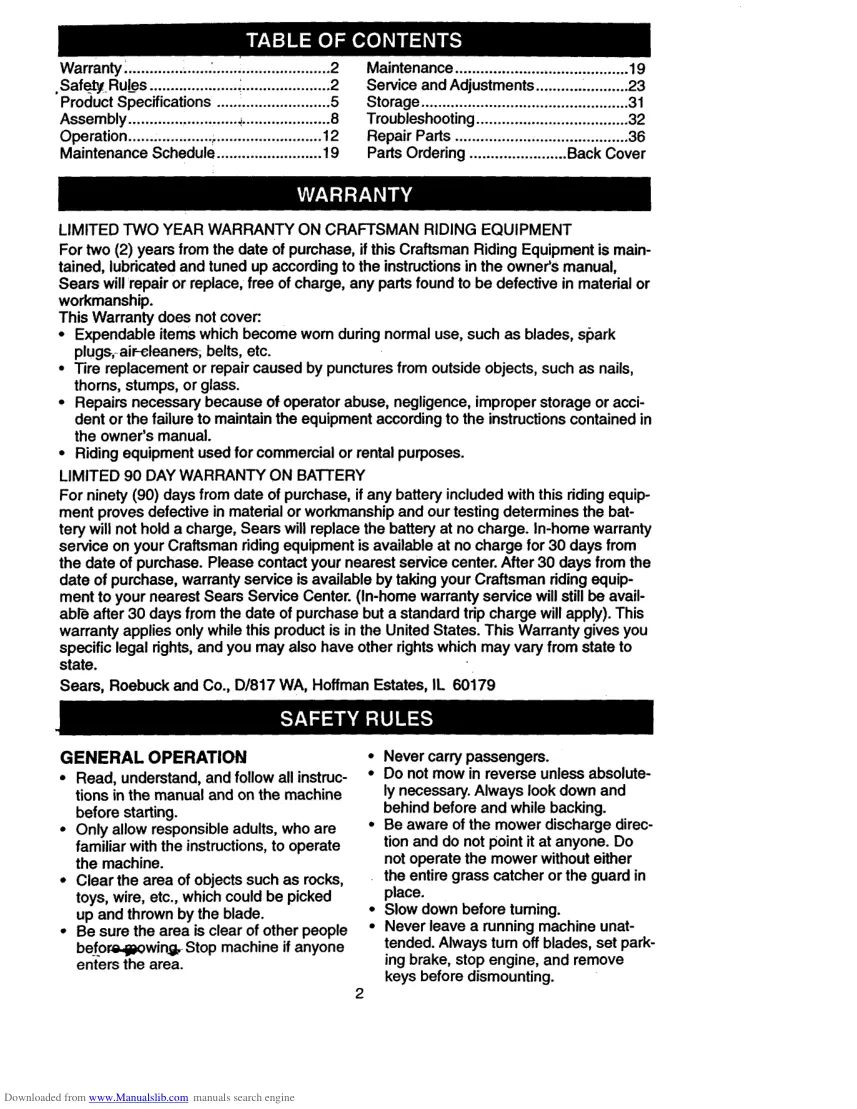 Craftsman 22HP Garden Tractor Operator's Manual preview page 2