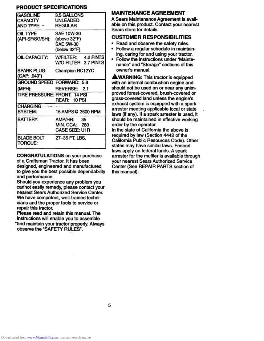 Craftsman 22HP Garden Tractor Operator's Manual preview page 5