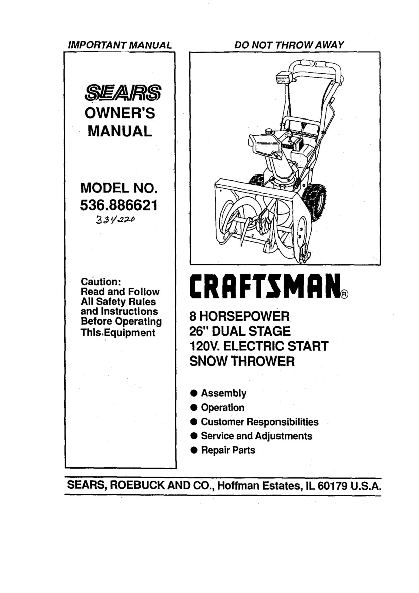 Craftsman 536.886621 Snowblower Machine Operator's Manual preview page 1