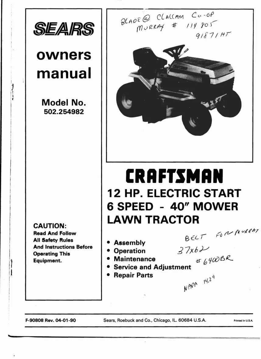Craftsman Lawn Tractor 12HP Operator's Manual preview page 1
