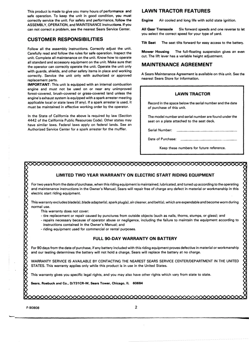 Craftsman Lawn Tractor 12HP Operator's Manual preview page 2