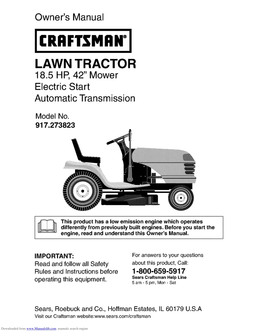 Craftsman Lawn Tractor 18.5HP 42" Mower Parts Manual preview page 1