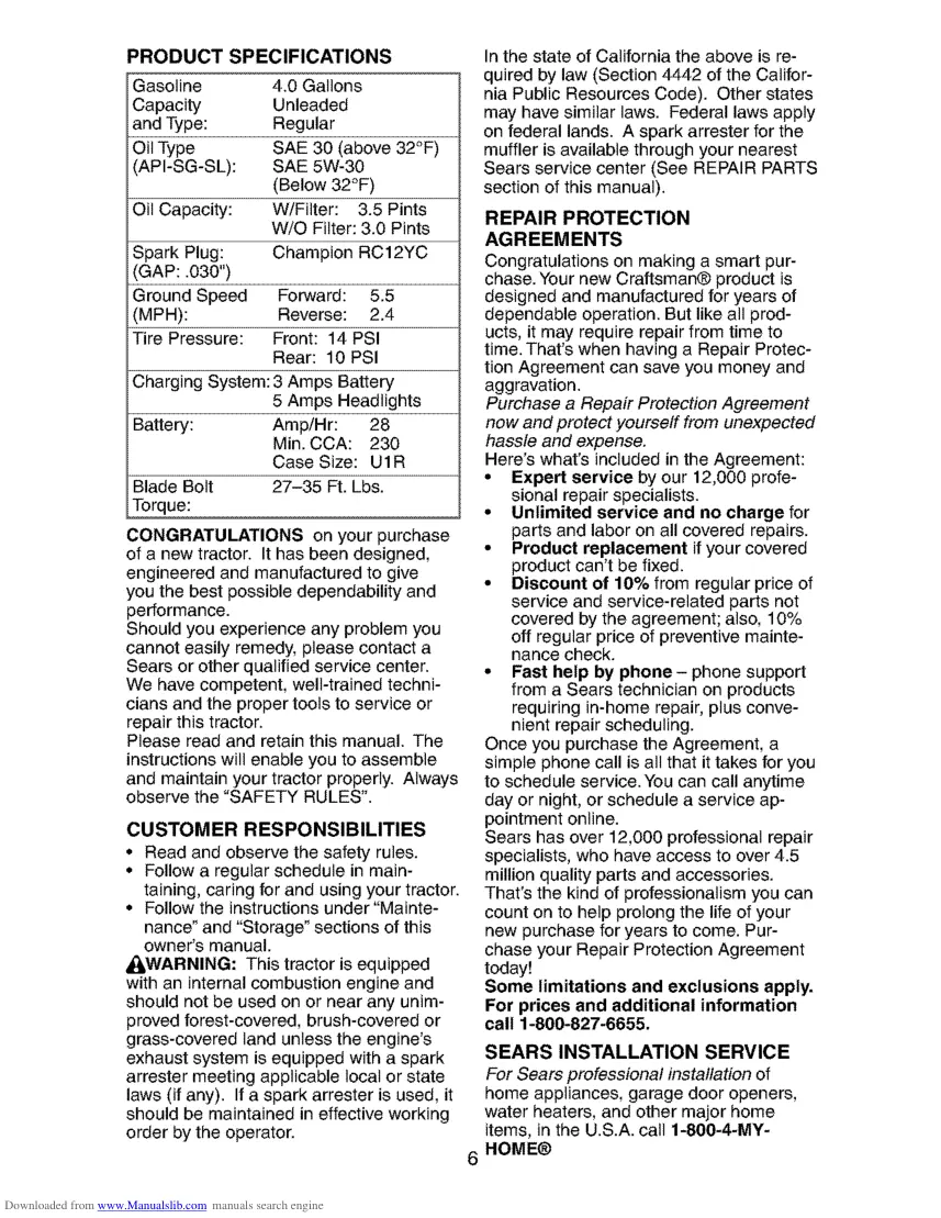 Craftsman Lawn Tractor 18.5HP 42" Mower Parts Manual preview page 6