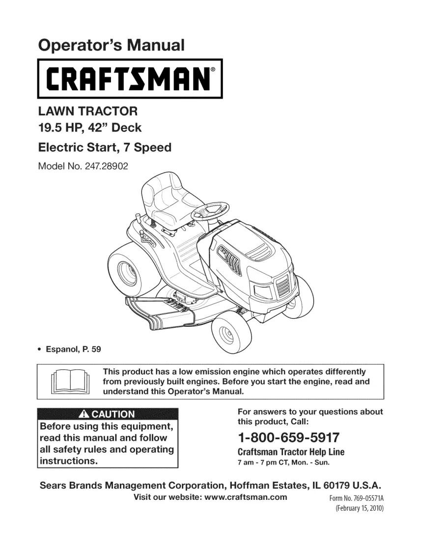 Craftsman Lawn Tractor 19.5 HP 42Deck Electric Start 7 Speed Service & Repair Manual preview page 1