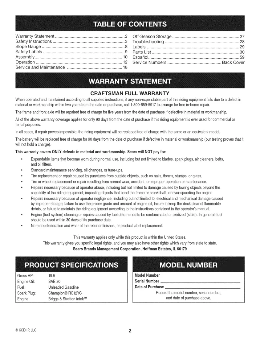 Craftsman Lawn Tractor 19.5 HP 42Deck Electric Start 7 Speed Service & Repair Manual preview page 2