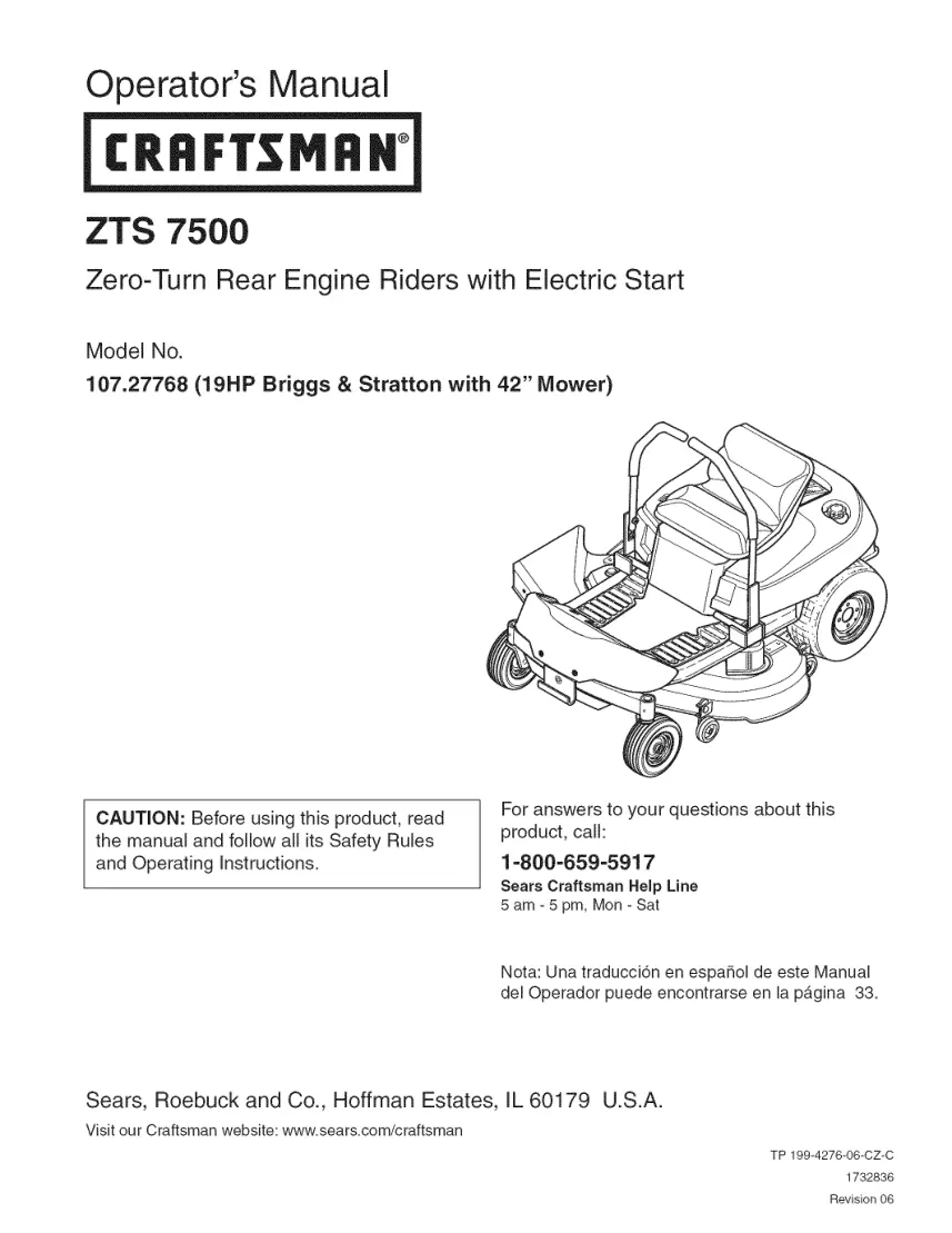 Craftsman ZTS 7500 Zero-Turn Rear Engine Riders....... Zero-Turn Mower Service & Repair Manual preview page 1