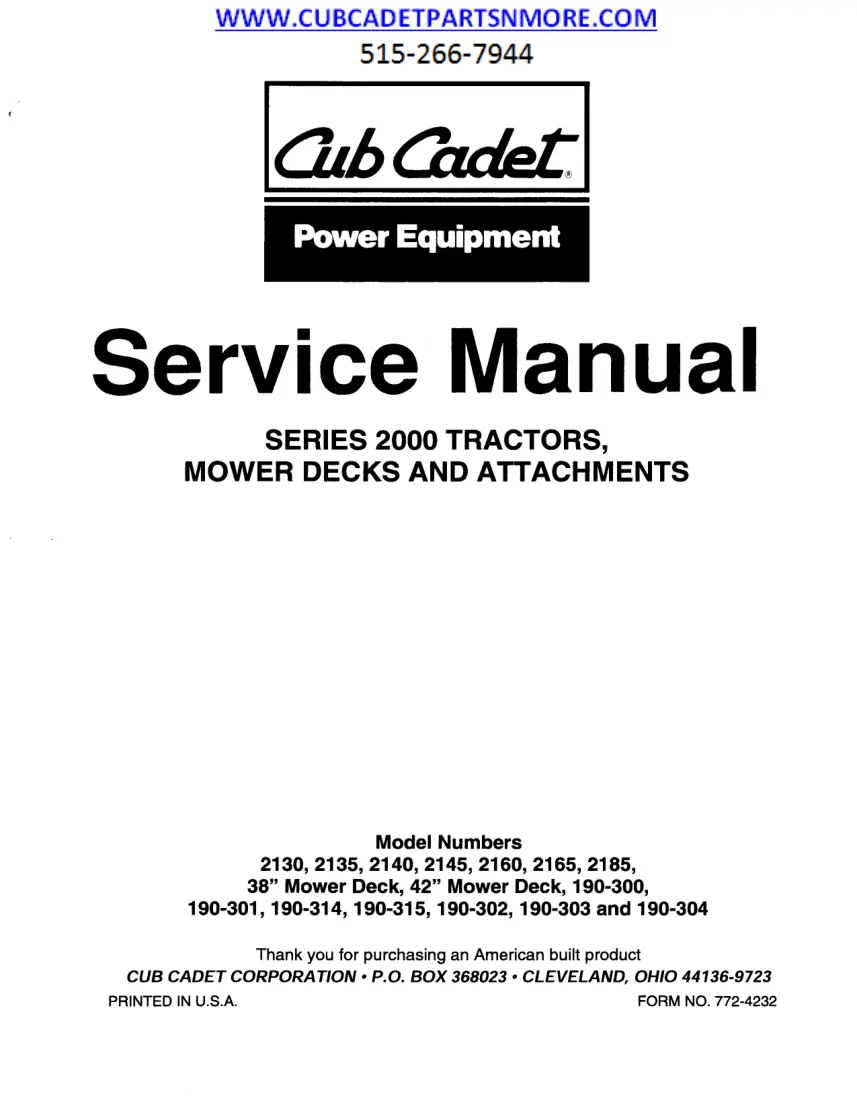 Cub Cadet 2000 Series Tractors Mower Decks Attachments Service & Repair Manual preview page 1