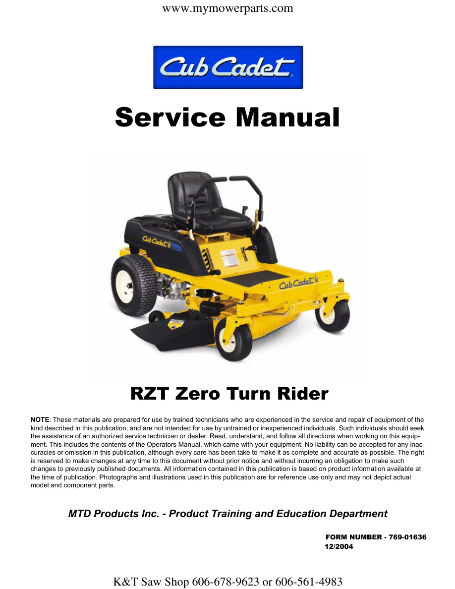 Cub Cadet RZT Zero Turn Rider Zero-Turn Mower Service & Repair Manual preview page 1