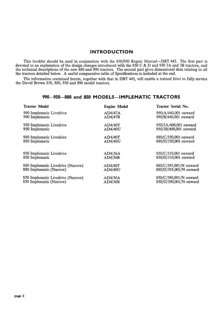 David Brown 850 880 950 990 Series Implematic Tractor Service & Repair Manual preview page 4