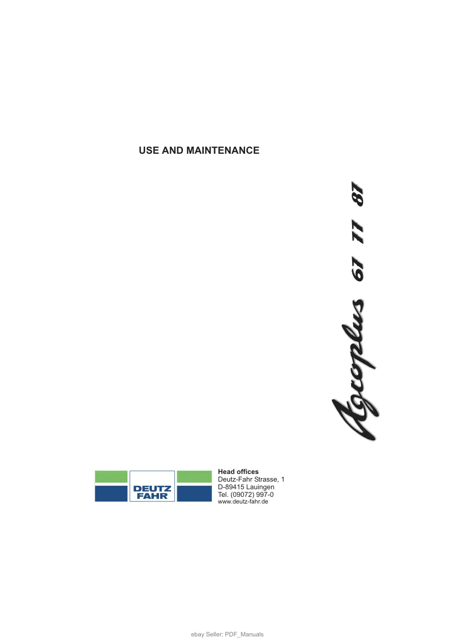 Deutz Fahr Agroplus 67 77 87 Tractor Operator's Manual preview page 1