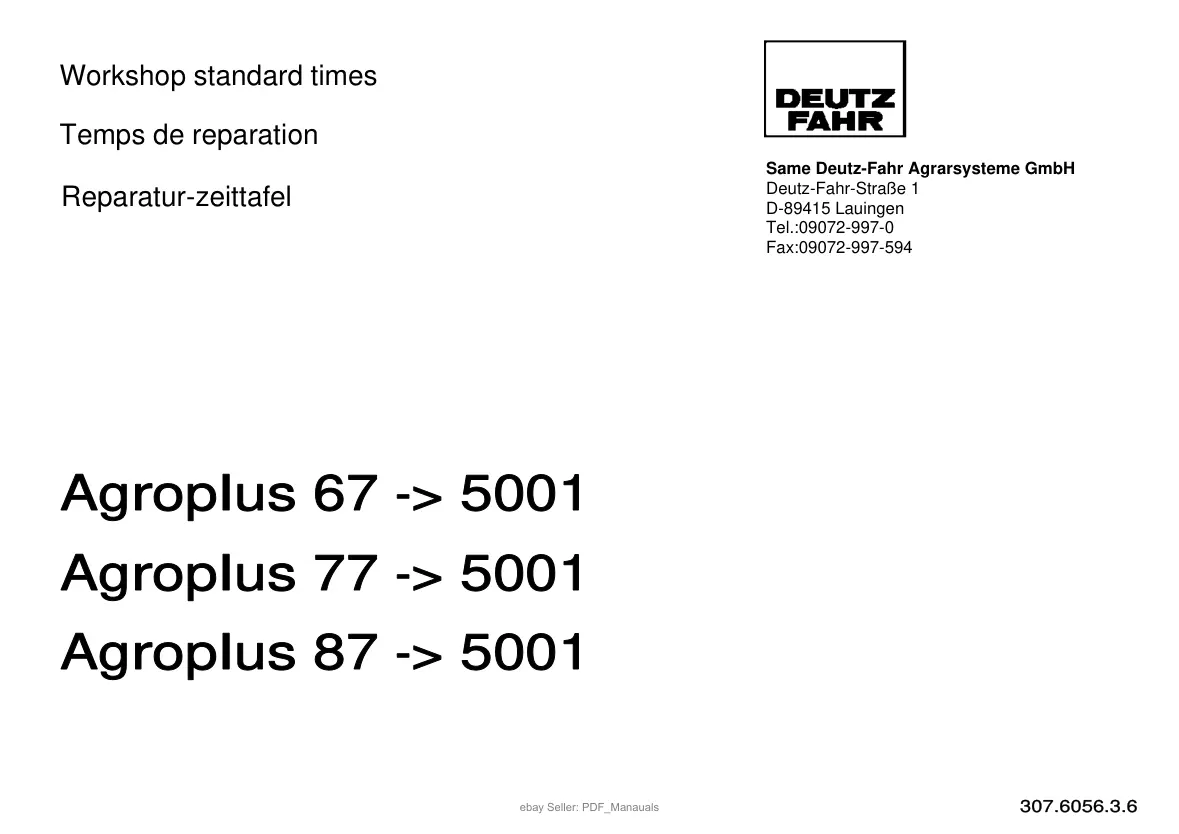 Deutz Fahr Agroplus 67 & 77 87 Tractor Parts Manual preview page 2