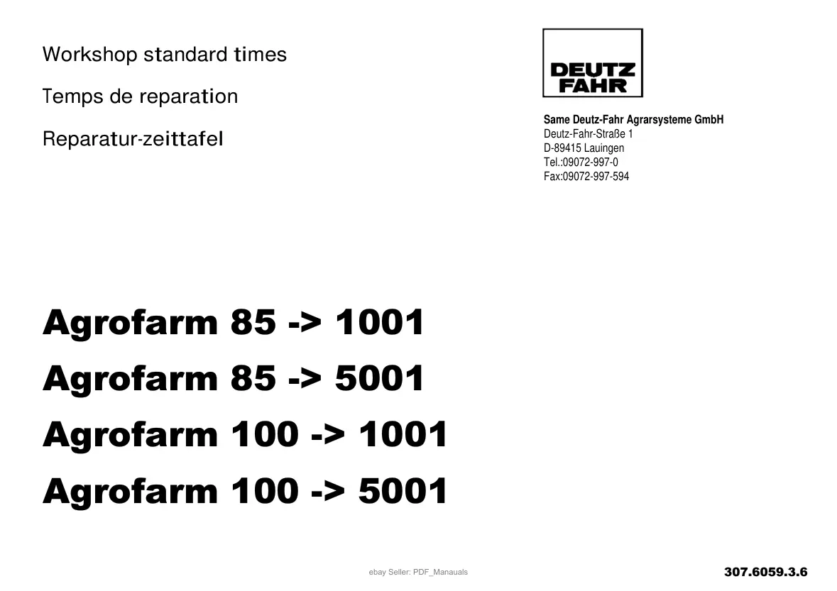 Deutz Fahr Tractor Agrofarm 85 100 Parts Manual preview page 1
