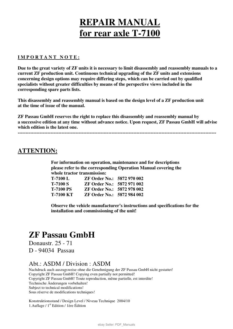 Deutz Fahr Tractor ZF Rear Axle T-7100 Service & Repair Manual preview page 2