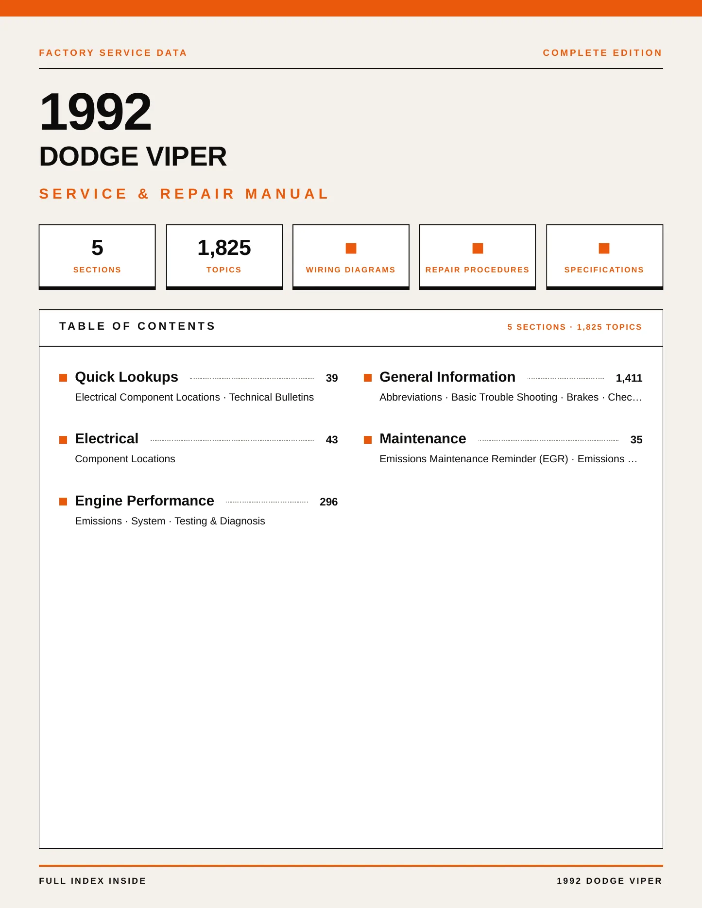 1992 Dodge Viper Service and Repair Manual preview page 1
