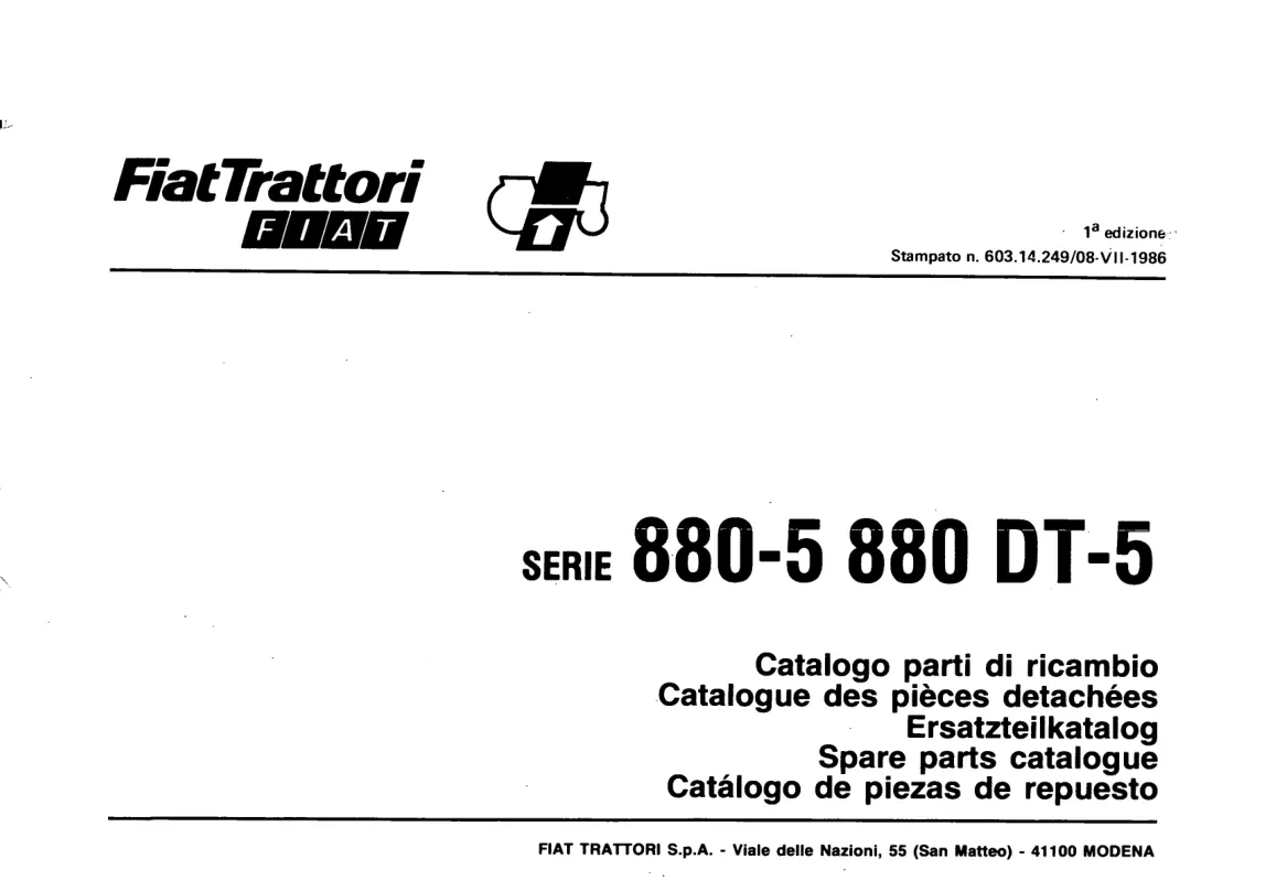Fiat 880 DT5 Tractor Parts Manual preview page 1