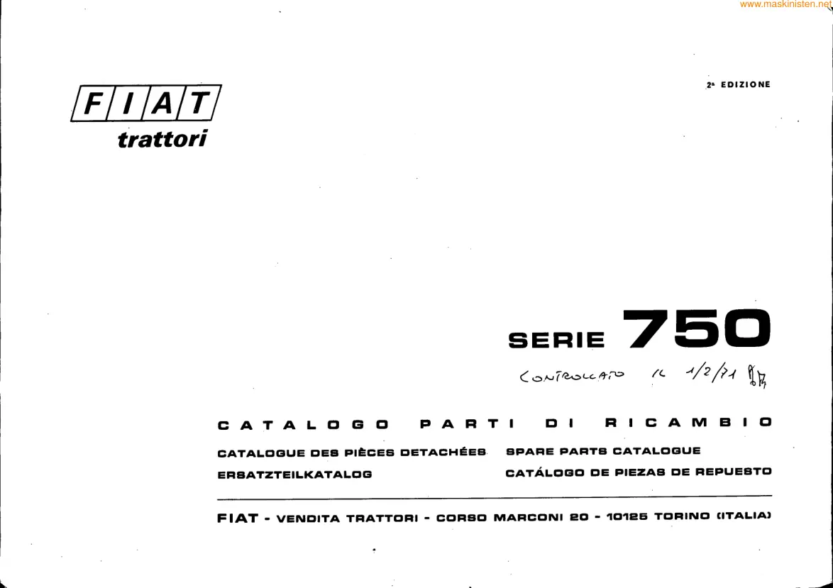Fiat Trattori Serie 750 Tractor Parts Manual preview page 1