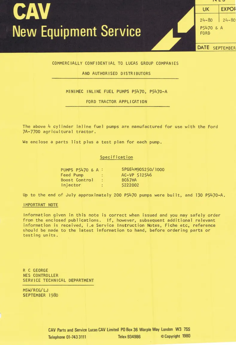 Ford Cav Minimec Fuel injector pump 700 - 7700 Tractor part Service & Repair Manual preview page 1