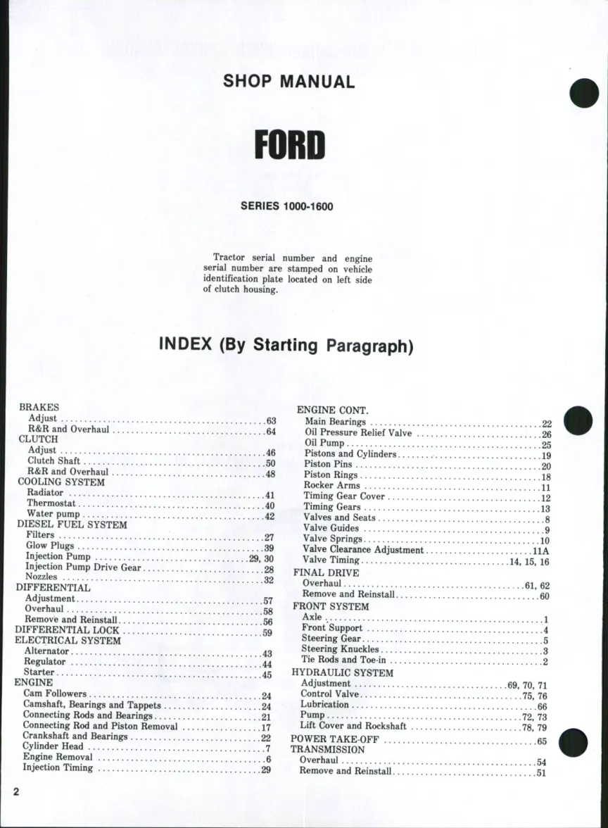 Ford Tractor 1000 - 1600 Service & Repair Manual preview page 1